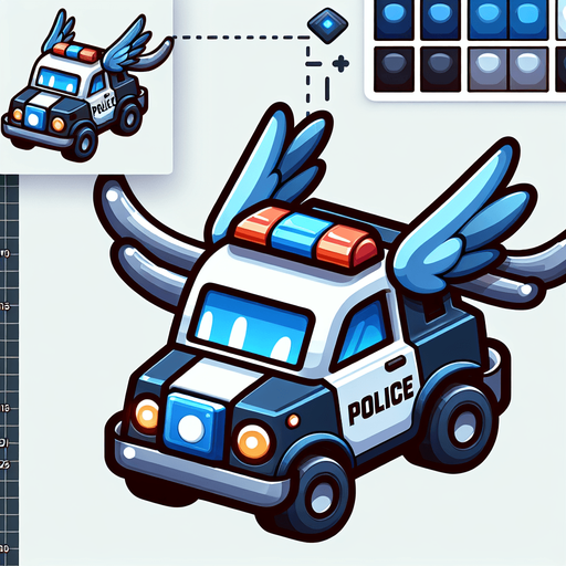 A cartoon flying police car.
Single Game Texture. In-Game asset. 2d. Blank background. High contrast. No shadows.