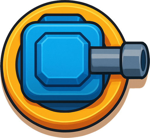 Crea la Torre Default en un estilo 2D renderizado, limpio y cartoonish, con contornos claros y definidos, colores vibrantes con transiciones suaves, y sombreado que da volumen a sus superficies superiores.
La perspectiva debe ser VISTA CENITAL (totalmente desde arriba). Esto significa que la torre se verá como si estuviera siendo observada directamente desde arriba, con los detalles de su parte superior siendo prominentes.
La base de la torre debe ser circular para permitir un movimiento de cañón cómodo. El cañón o la ranura de disparo debe estar orientado hacia la DERECHA en su diseño base (desde la vista cenital).
La torre debe tener un perfil bajo y la menor cantidad de relieve vertical posible para facilitar una rotación fluida en la animación..
In-Game asset.  2d.  High contrast.  No shadows