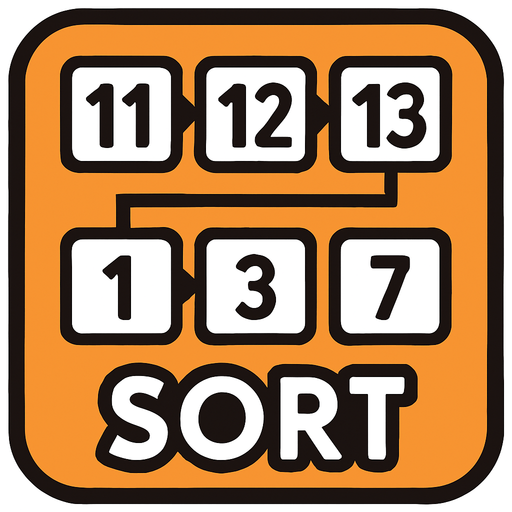 Sort square button, size 200 on 200 the button shows 2 rows of cubes, each row has 3 cubes. Each cube has a number on it. on the buttom row the numbers are: 1, 3, 7 The top row: 11, 12, 13.
the cubes connect with arrows points from the left cube to the cube right to her
at the buttom of the button, write SORT.
In-Game asset.  2d.  High contrast.  No shadows