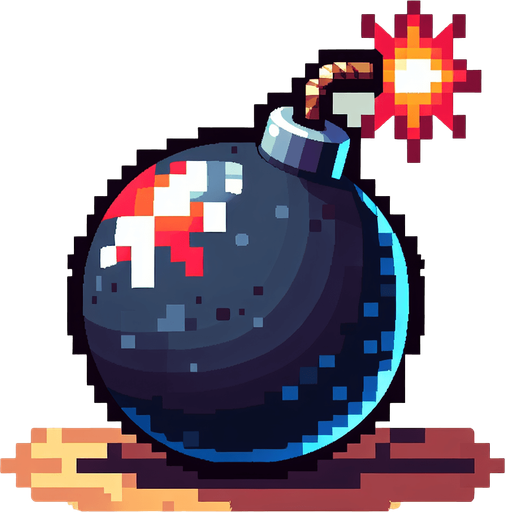 a cartoon bomb. bright. shiny. pixel art. no text. front view. already lit..
Single Game Texture. In-Game asset. 2d. Blank background. High contrast. No shadows.
