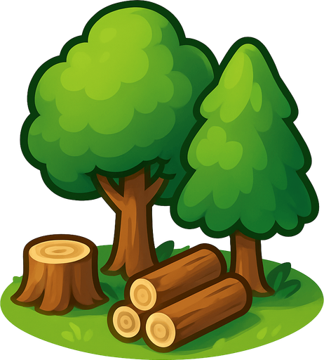 Crea un nodo de recurso de Bosque de Madera en un estilo 2D renderizado, limpio y cartoonish, con contornos claros y definidos, colores vibrantes con transiciones suaves, y sombreado que dé volumen. Debe ser fácilmente reconocible como una fuente de madera.

Estructura Principal: Un pequeño grupo de árboles estilizados de diferentes alturas y formas. Los troncos deben ser marrones y las copas verdes (variedad de tonos de verde).

Suelo: Un poco de hierba verde alrededor de las bases de los árboles.

Recursos Visibles: Debería haber algunos troncos cortados o pilas de madera pequeñas cerca de los árboles para indicar que es una fuente activa de madera.

Claridad: Debe haber suficiente espacio entre los elementos para que los trabajadores puedan interactuar con ellos visualmente.

Dimensiones Sugeridas: Similar a los otros nodos de recursos (64x64 o 96x96 píxeles)..
In-Game asset.  2d.  High contrast.  No shadows