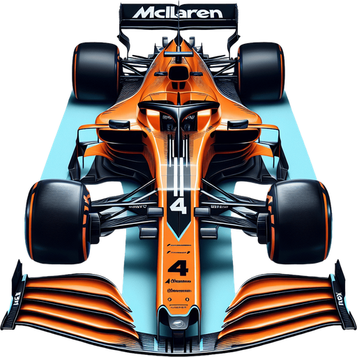 Photorealistic F1 McLaren race car, Top view. 
Orange coloured body and black thick stripe with white Chrome text where the o letter is Google chrome logo. 
Skyblue lines on nose sides. 
Silver 4 number on nose. 
Black OKX text on rear wing.