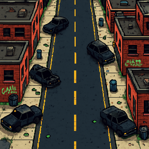 una calle muy ancha de un vecindario peligroso hecho con pixeles y la perspectiva desde el cielo
In-Game asset.  2d.  High contrast.  No shadows