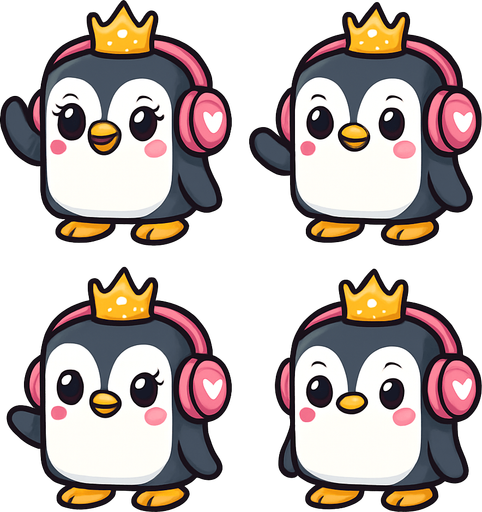 Create a 2D character sprite sheet, arranged in a 2x2 grid. The subject is an adorable, girly, cubical Penguin Princess. She wears a small, cute sparkling crown. Her oversized pink headphones have a small white heart decal on each ear cup. She has large, expressive eyes and a sweet smile. The style is clean vector art with simple cel shading, on a plain white background. The 4-frame animation is a side-to-side wave.
Frame 1: The character raises her flipper to head height, hand held straight.
Frame 2: The flipper, still at head height, pivots to the left.
Frame 3: The flipper, still at head height, pivots to the right.
Frame 4: The character begins to lower her flipper from head height..
In-Game asset.  2d.  High contrast.  No shadows