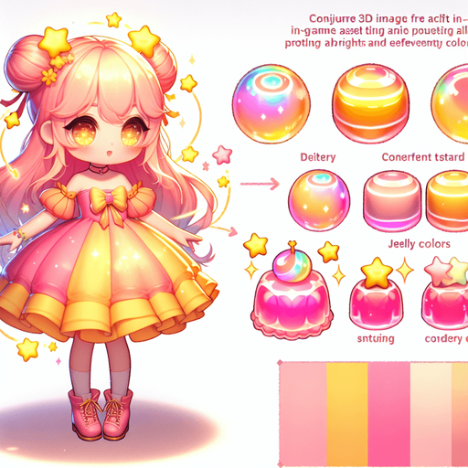 A very colourful sparkling pink fairy doll in yellow orange and soft colours kawaii doll with glowing jellys stars kawaii sweet beautiful wearing beautiful dress shoes magical wand.
Single Game Texture. In-Game asset. 3d. Blank background. High contrast. No shadows.theme