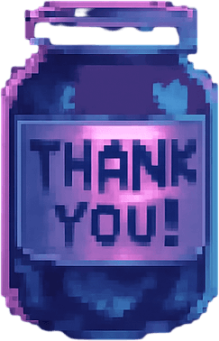 A 2048x2732 vertical pixel art background for a “Support Us” screen in a rhythm-based pixel art game. The scene continues the cozy neon-lit DJ room theme from the main menu, but zooms in slightly on the desk. A pixel-art tip jar labeled “Thank you!”, a laptop covered in music-themed stickers, coffee mugs, and glowing synth equipment are visible. Lighting remains dreamy and lo-fi with purples and soft blues. The mood feels warm, humble, and inviting. No characters or text — just the environment.. In-Game asset. 2d. High contrast. No shadows.
In-Game asset.  2d.  High contrast.  No shadows