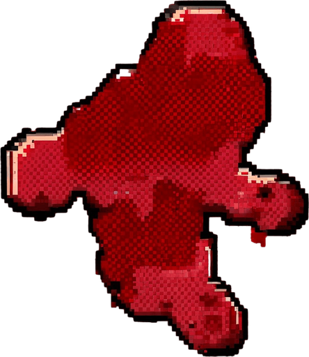 Make an 8bit red blood splater. No background. Transparent background. Blank background. No shadows. 2d. In-Game asset. flat