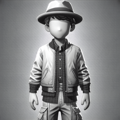A boy with jacket hat and shirt pants.
Single Game Texture. In-Game asset. 2d. Blank background. High contrast. No shadows.