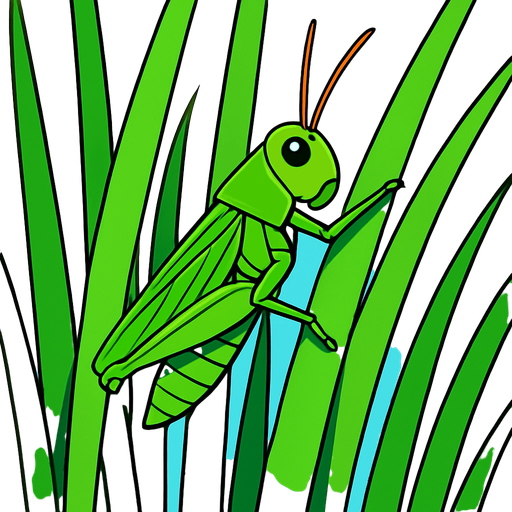 gambar 2d anime belalang hijau menempel di rumput panjang.
In-Game asset.  2d.  High contrast.  No shadows