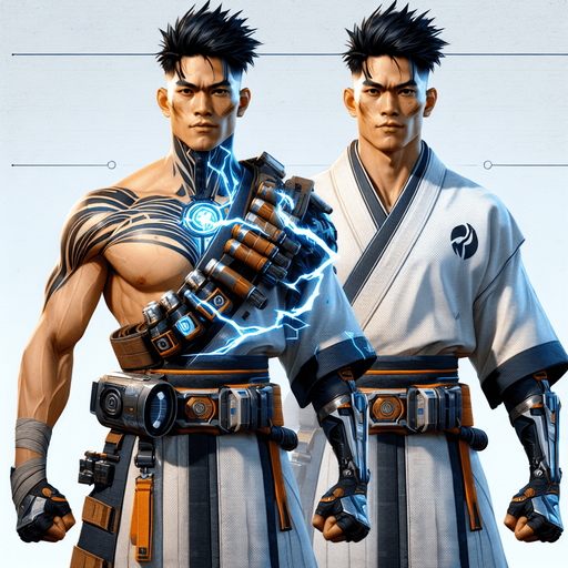 1. Appearance and Build:
Body Type: Athletic, muscular, slender, or bulky.
Height and Proportions: Tall and imposing, average, or short and agile.
2. Outfit:
Style: Modern, traditional, futuristic, or fantasy-inspired.
Details: Armor, casual clothes, martial arts gi, cybernetic enhancements, or tribal attire.
Accessories: Belts, gloves, headbands, jewelry, or tech gadgets.
3. Face and Hair:
Expression: Serious, confident, aggressive, or calm.
Hair: Short, long, spiky, braided, or tied in a ponytail. Specify color and texture (e.g., fiery red, silky black, or platinum blonde).
Facial Features: Scars, tattoos, or unique marks.
4. Weapons and Tools:
Describe any weapons, like swords, nunchaku, guns, or energy-based tools.
Mention how the character wields or carries these items.
5. Special Effects:
Glowing eyes, a fiery aura, electricity coursing through their body, or smoke emanating from their feet.
Unique powers visually represented (e.g., ice shards, flames, or magical sigils).
6. Pers.
Single Game Texture. In-Game asset. 2d. Blank background. High contrast. No shadows.
