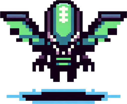 8-bit. Cartoon. alien flying enemy boss. seen from the front. in game asset. Single Game Texture. In-Game asset. 2d. Blank background. High contrast. No shadows.