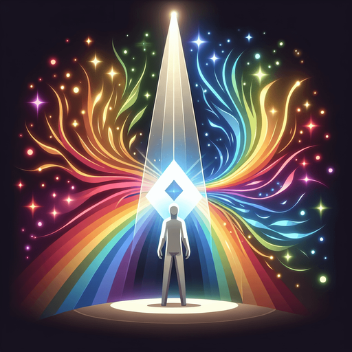 A classic prism shape refracting a beam of white light into a rainbow spectrum. Could also be a figure surrounded by a swirling aura containing all the skill colors..
Single Game Texture.  In-Game asset.  2d.  Blank background.  High contrast.  No shadows