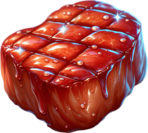 An animated image of a delicious meat.
Single Game Texture. In-Game asset. 2d. Blank background. High contrast. No shadows.
