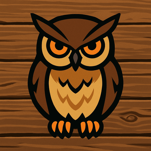 Owl Image with wooden background.
In-Game asset.  2d.  High contrast.  No shadows