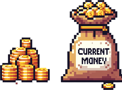Genera una bolsa de monedas de oro que diga "current money" en pixel art.
Single Game Texture.  In-Game asset.  2d.  Blank background.  High contrast.  No shadows