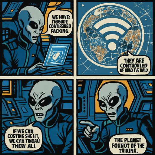 "Comic book style 4 panels of grey alien commander receiving transmission on holographic display showing Earth's internet infrastructure map,  text bubbles saying ' we have caught the earthlings lacking'  'they are controlled by this WiFi signal' 'if we can control the WiFi, we can enslave them all' 'the planet is ours for the taking' sci-fi comic book technology designs".
In-Game asset.  2d.  High contrast.  No shadows
