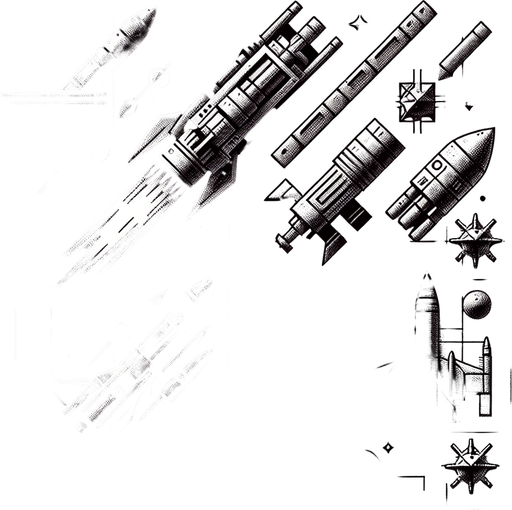 Space shooter with high weapons like missile and cannon blast.
Single Game Texture.  In-Game asset.  2d.  Blank background.  High contrast.  No shadows. 3d