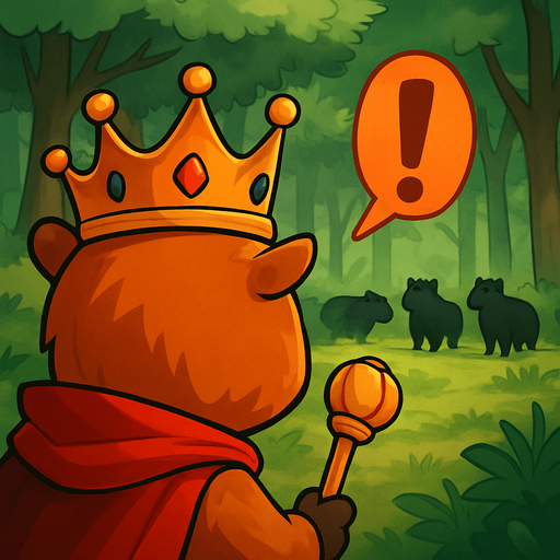 El rey ve al fondo del bosque a los capybaras negros. El esta de espaldas y a su lado sale un signo de exclamacion.