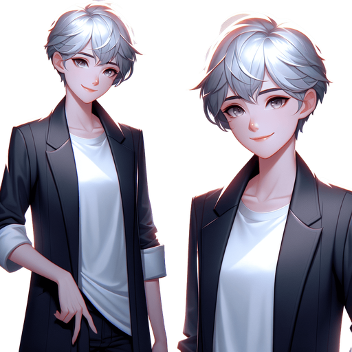 3d pixar/disney style. Design a friendly, confident, and approachable mentor character for a self-discovery game. The character has short, neatly styled silver-white hair, a warm smile, and kind, expressive eyes. They wear a sleek black blazer over a white T-shirt, symbolizing professionalism mixed with approachability. The character exudes wisdom, positivity, and calmness, acting as a guide for the player. Their presence is meant to inspire trust and provide encouragement, appearing as a glowing, slightly ethereal figure in the game world. They move gracefully and radiate an aura of gentle strength, guiding the hero on their journey of self-discovery and growth..
In-Game asset. 3d. Blank background. High contrast. No shadows.