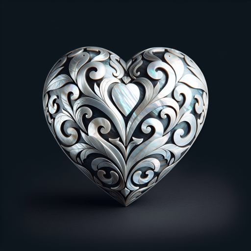 Large precious heart in mother-of-pearl, lightly ornate.
Front view.