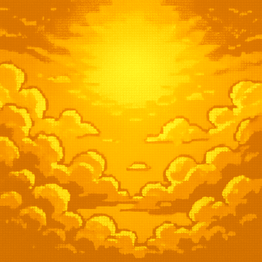 Golden heaven sky, shimmering gold clouds, divine atmosphere, bright yellow-gold gradient, epic finale background, 2D pixel art.
In-Game asset.  2d.  High contrast.  No shadows