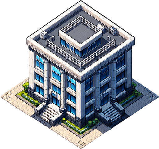 top down view of building.
Single Game Texture.  In-Game asset.  2d.  Blank background.  High contrast.  No shadows