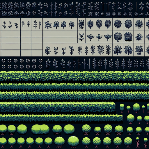 Create a sprite sheet showing the different components of the hedge.  The design should include views from above. Arrange the components on a dark background, neatly aligning each part in rows and columns for easy identification and use in game development..
Single Game Texture. In-Game asset. 2d. Blank background. High contrast. No shadows.