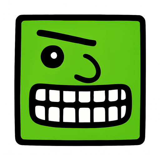 Basit yeşil renkde kare yüz. Gözü çok küçük, dişleri kaftar, burnu normal, kaşı ince.
In-Game asset.  2d.  High contrast.  No shadows