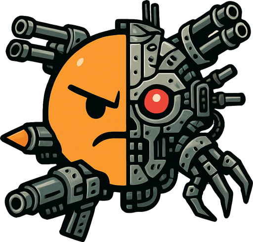 an orange circle with half of it being a cyborg and it is equiped with lots of weaponary.
In-Game asset.  2d.  High contrast.  No shadows
