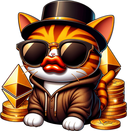 The character in the image now embodies the essence of wealth and sophistication, portrayed as a cartoon-style orange tabby cat with eye-catching stripes. Its round face boasts oversized, round, dark opaque sunglasses, and features a prominent, exaggerated red pout shaped like a duck's bill. Although the cat's body appears smaller in comparison to its head, contributing to its adorable, chubby look, it's the epitome of affluence. Adorning its head is a classy black top hat, adding an extra layer of sophistication. Dressed in a simple, light-colored hoodie with a drawstring, the cat is perched majestically atop a lavish pile of golden Ethereum tokens, showcasing its prosperity in the digital currency sphere. With its paws displayed in front, the cat sits in a relaxed pose, exuding a sense of serene command over its wealth. This plush adaptation of the character, blending playfulness with a motif of riches and luxury, serves as an ideal figure for narratives centered on financial success, making it a perfect mascot for financial education platforms or as a captivating character in children's stories about the value of money and investment..
Single Game Texture. In-Game asset. 2d. Blank background. High contrast. No shadows.