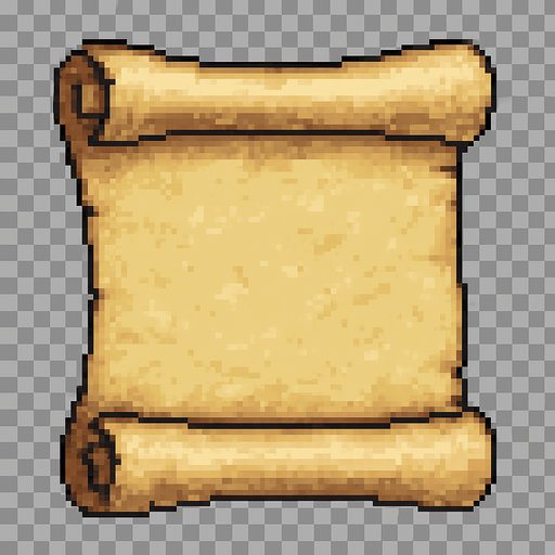 High-quality 2D pixel art of an empty parchment scroll. The scroll is slightly aged, with soft yellowed paper tones, curled edges, and subtle wrinkles and texture details. The ends are rolled and slightly shadowed for depth. The parchment is unrolled and centered, with no text or symbols on it. Style is clean and classic 16-bit pixel art, suitable for use in a fantasy RPG inventory or dialogue box. Transparent background.".
In-Game asset.  2d.  High contrast.  No shadows