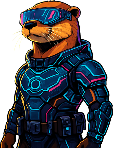 Create a hyper-detailed digital illustration of a sleek, golden-furred otter standing confidently in a neon-lit cyberpunk city at night. The otter wears high-tech armor with glowing blue and magenta circuitry patterns, a visor with holo-display reflections, and a utility belt of futuristic gadgets. Rain slicks the wet street beneath its feet, and towering skyscrapers with animated billboards loom behind. Moody atmosphere, vibrant neon color palette, cinematic lighting, 4K resolution, game-ready character portrait..
In-Game asset.  2d.  High contrast.  No shadows