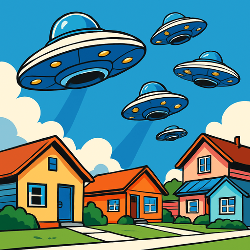 "Small UFO saucers descending over suburban neighborhood, cartoon style, dramatic lighting, shadows cast on lawns, retro sci-fi aesthetic, colorful houses below, comic book illustration style, dynamic angle looking up""cartoon style," "comic book illustration," "clean vector art,".
In-Game asset.  2d.  High contrast.  No shadows