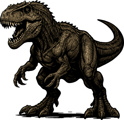 A massive Giganotosaurus dinosaur with rough, dark brown and gray scaly skin. It has a large, powerful head with sharp teeth visible in a slightly open mouth. The muscular body shows visible muscle definition and thick, tough skin. The claws are sharp, and the stance is aggressive and dominant..
In-Game asset.  2d.  High contrast.  No shadows