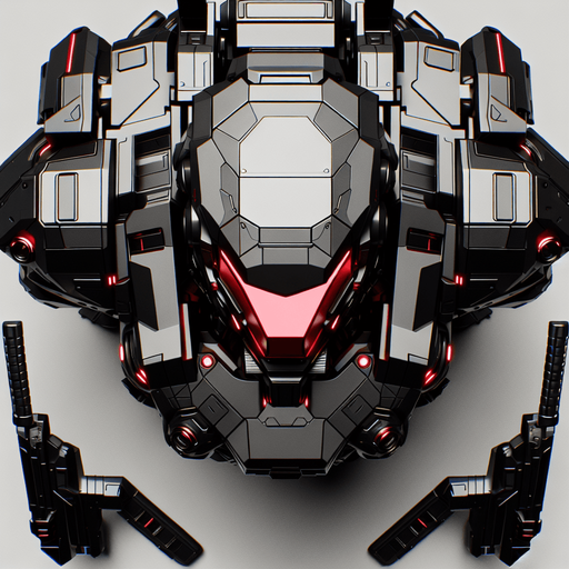 Overhead view. A sleek battle robot with a wide red visor across the head. Three distinct parts, body and two arms. Symmetrical design. Birds Eye view above them looking down on their head. Simple shapes. Low detail. Cyberpunk, black with red glowing highlights..
Single Game Texture. In-Game asset. 2d. Blank background. High contrast. No shadows.
