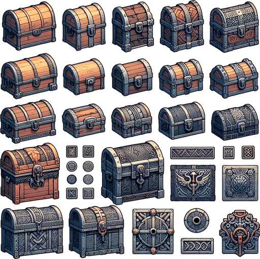 A spritesheet of various norse medieval or viking age looking treasure chest. Side view as for use in a platformer or endless runner game..
Single Game Texture. In-Game asset. 2d. Blank background. High contrast. No shadows.