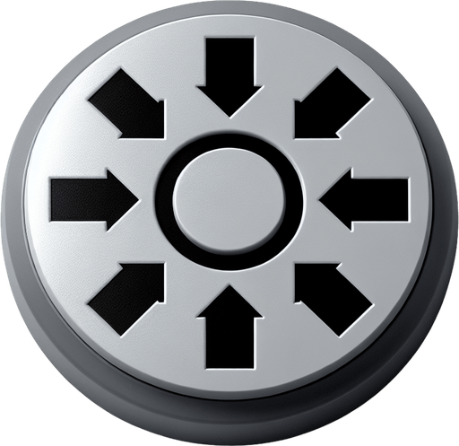 top view of a simple concave gray plalstic button with 4 large black directional arrows printed on it..