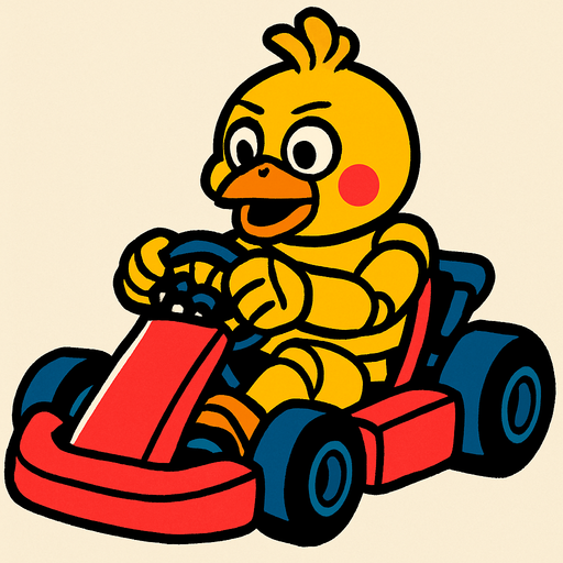 Un pollo amarillo animatronico en un kart.
In-Game asset.  2d.  High contrast.  No shadows