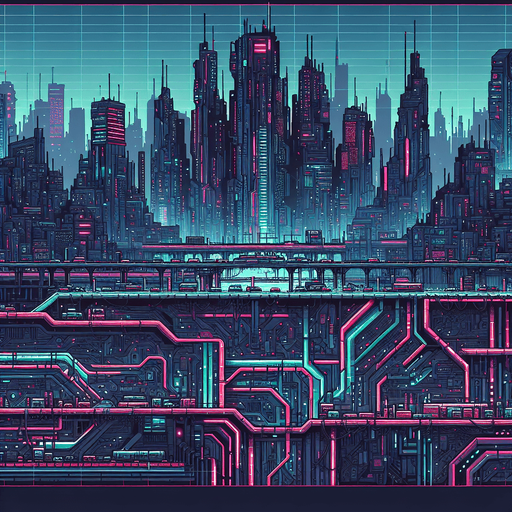 Cyberpunk landscape.
Single Game Texture.  In-Game asset.  2d.  Blank background.  High contrast.  No shadows