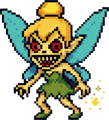 scary cute little fairy tinker bell 2d pixel art.
In-Game asset.  2d.  High contrast.  No shadows