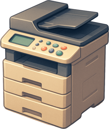 A copy printer. Cute soft graphics. soft ambient light. semi-matte to satin surfaces. naturalistic with slight saturation boost colors. 
In-Game asset.  2d.  High contrast.  No shadows. top down..
In-Game asset.  2d.  High contrast.  No shadows