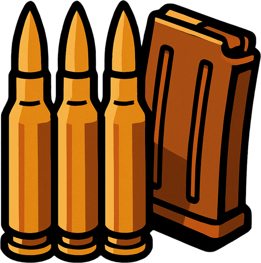 3 adet yan yana mermi, şarjör.
In-Game asset.  2d.  High contrast.  No shadows