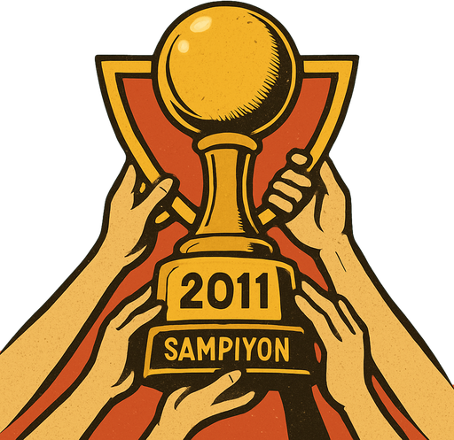 2011 futbol şampiyonluk kupası resmi oluştur . Bu kupayı alttan birden fazla el kaldırıyor olsun . kupa  altın sarısı renkte olsun . retro temada olsun !.
In-Game asset.  2d.  High contrast.  No shadows