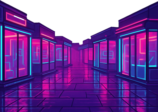 Produce a cyber-market plaza at dawn under diffuse magenta light. Glass kiosks line the area, each casting neon reflections on wet stone tiles. A floating banner above reads ‘Visit otter.trading’ in bold luminous text. Include subtle drifting circuit-patterned mist—coin- and character-free..
In-Game asset.  2d.  High contrast.  No shadows