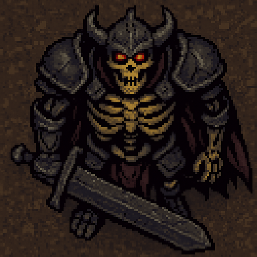 “Top-down 2D pixel art of a massive armored skeleton warrior with glowing red eyes. He holds an enormous two-handed sword, dragging or raising it. The armor is dark, cracked, and ancient, with heavy pauldrons, a horned helmet, and a tattered cape. The skeleton’s bones are thick and yellowed, giving a monstrous undead presence. Viewed directly from above, designed as a boss enemy sprite in a dark fantasy pixel art game.”.
In-Game asset.  2d.  High contrast.  No shadows