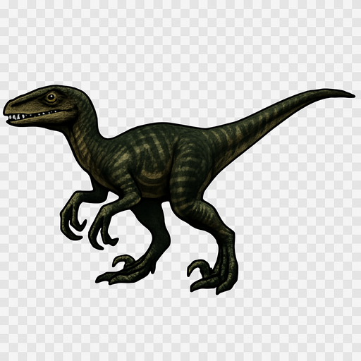 A sleek and agile Deinonychus dinosaur in a neutral pose on a transparent background. It has a slender body covered with dark green and brown textured scales, accented with lighter stripes along its sides. The head is narrow with sharp teeth visible, and bright, alert eyes. Its arms are relatively long with sharp claws, and its legs show the famous sickle-shaped claws on the second toes. The tail is long and flexible for balance. The skin texture is detailed, showing small scales and subtle muscle definition..
In-Game asset.  2d.  High contrast.  No shadows