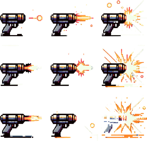 Create a series of pixel art images depicting a blaster shot. The blaster shot should be represented by a small, glowing projectile with a trail of smoke or sparks. The animation should consist of eight frames and loop continuously. Use a limited color palette of 16 colors or less, simple shapes and lines, and transparency for a seamless background. Employ standard pixel art techniques like dithering and anti-aliasing.
Bright flash, sizzling sound, swift arc, fading glow.