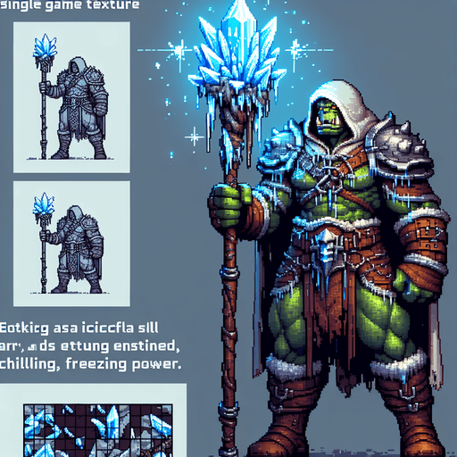 orc mage, leather armor, staff with glowing crystal with freezing power. front facing, arms and legs clearly visible, wearing a hood made of cloth..
Single Game Texture.  In-Game asset.  2d.  Blank background.  High contrast.  No shadows, 16 bit pixel art