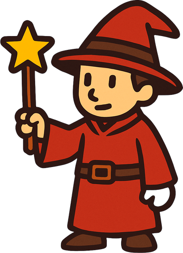 Mago con sombrero rojo y marrón sin barba con varita con estrella, de cuerpo entero.
In-Game asset.  2d.  High contrast.  No shadows