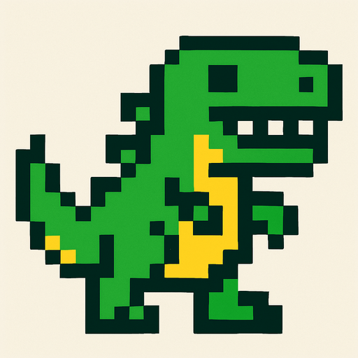 Un dinosaurio pixelar.
In-Game asset.  2d.  High contrast.  No shadows